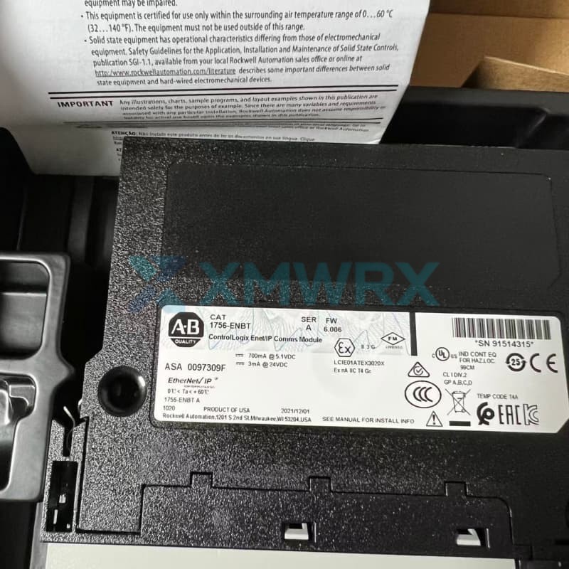 Allen Bradley  1756-ENBT/A  An Ethernet communication bridge module from the ControlLogix series.